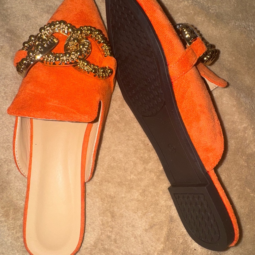 Orange Suede Mules with Gold Chain Detail